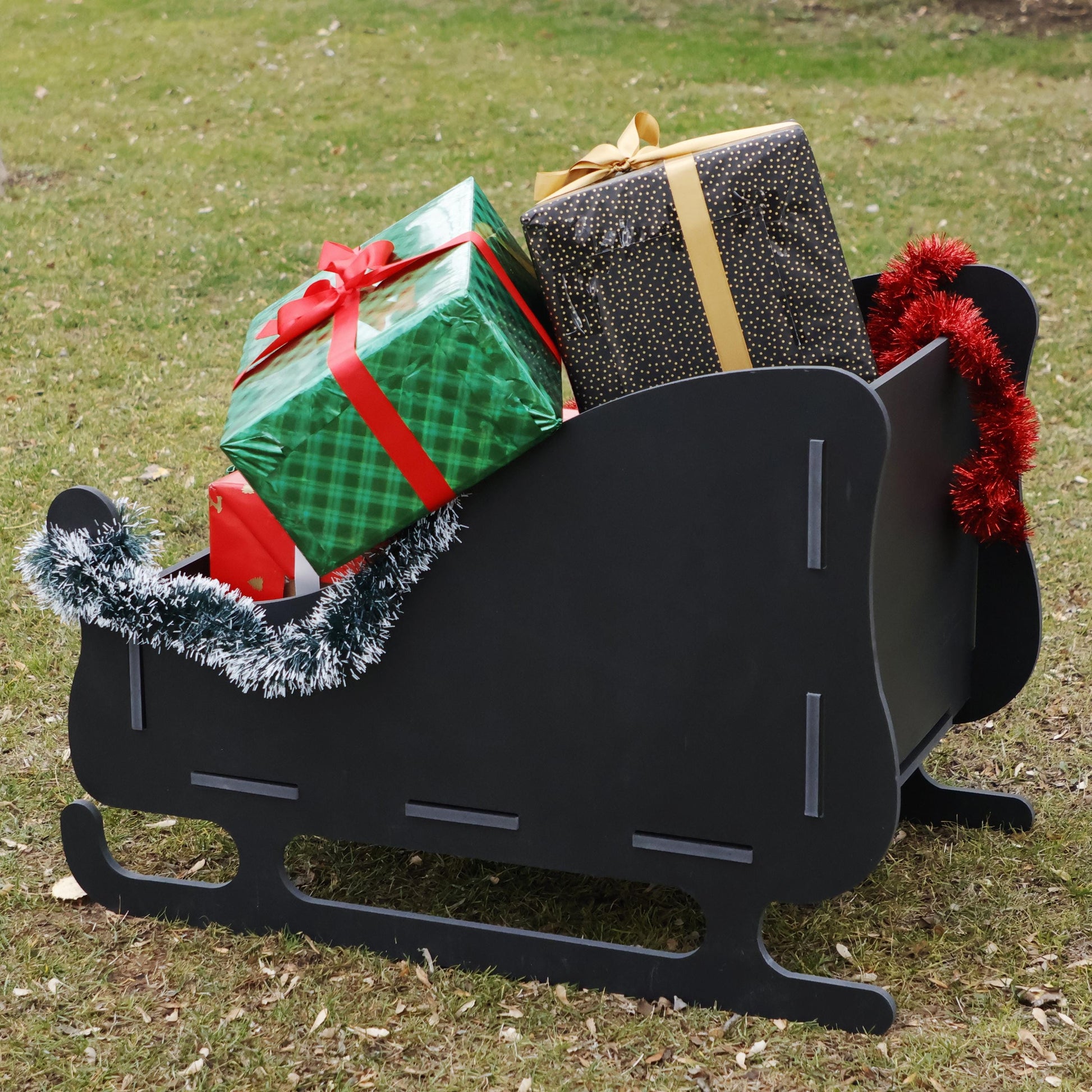 Black Christmas Sleigh Yard Display, Giant All-Weather PVC Sledge, Outdoor Holiday Garden Decoration, Modern Christmas Yard Art