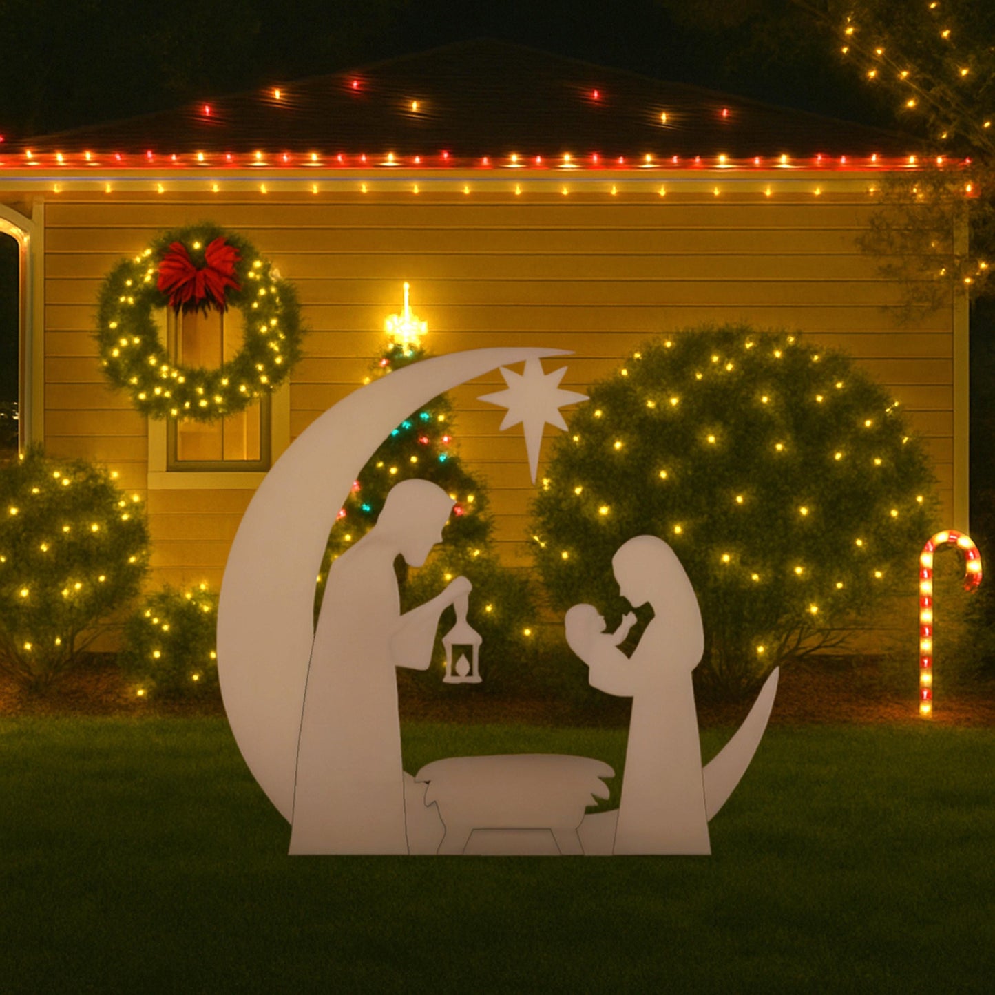 Nativity Moon Scene Yard Display, All-Weather PVC Christmas Yard Art, Outdoor Holiday Decoration, Holy Family Lawn Sculpture, Christian Sign