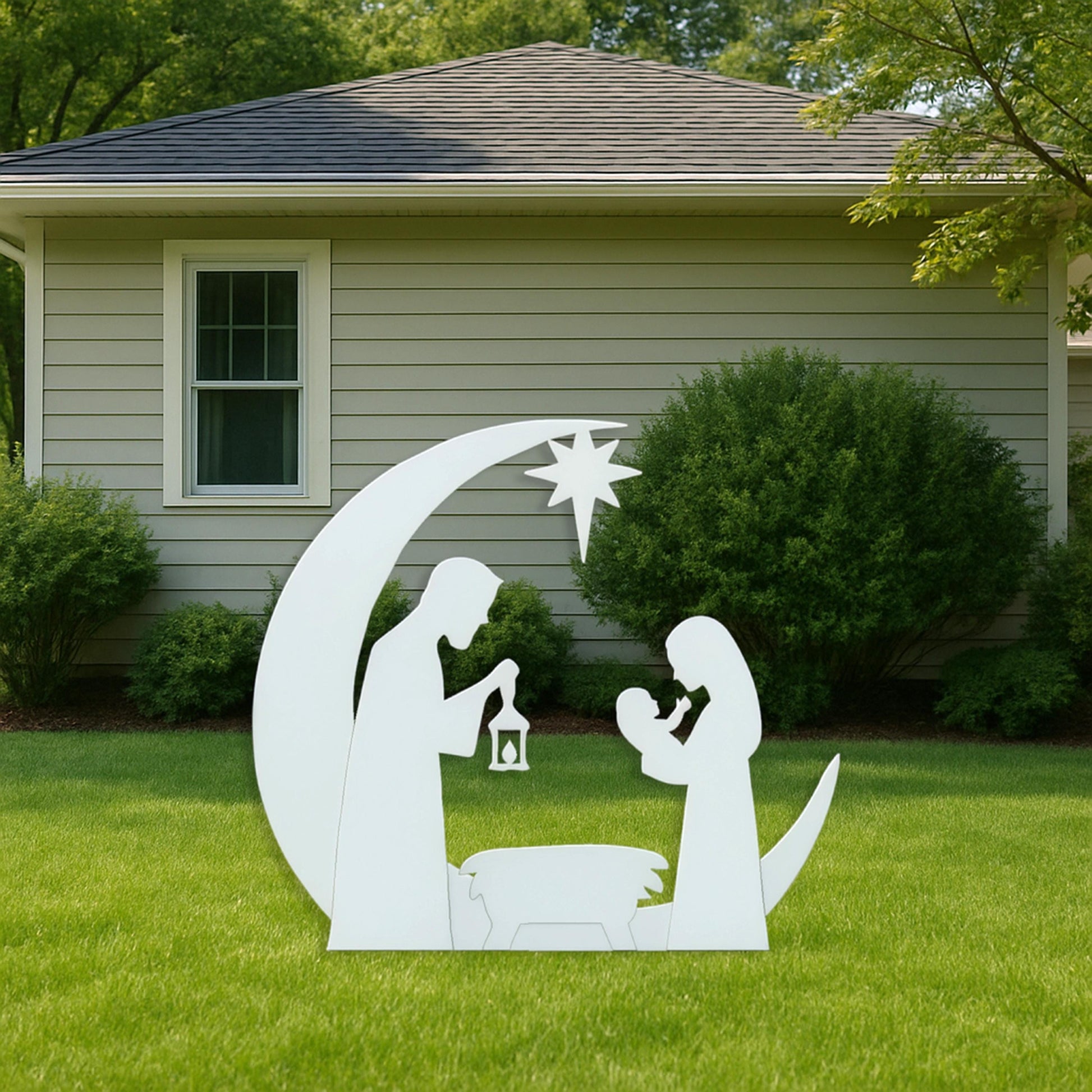 Nativity Moon Scene Yard Display, All-Weather PVC Christmas Yard Art, Outdoor Holiday Decoration, Holy Family Lawn Sculpture, Christian Sign