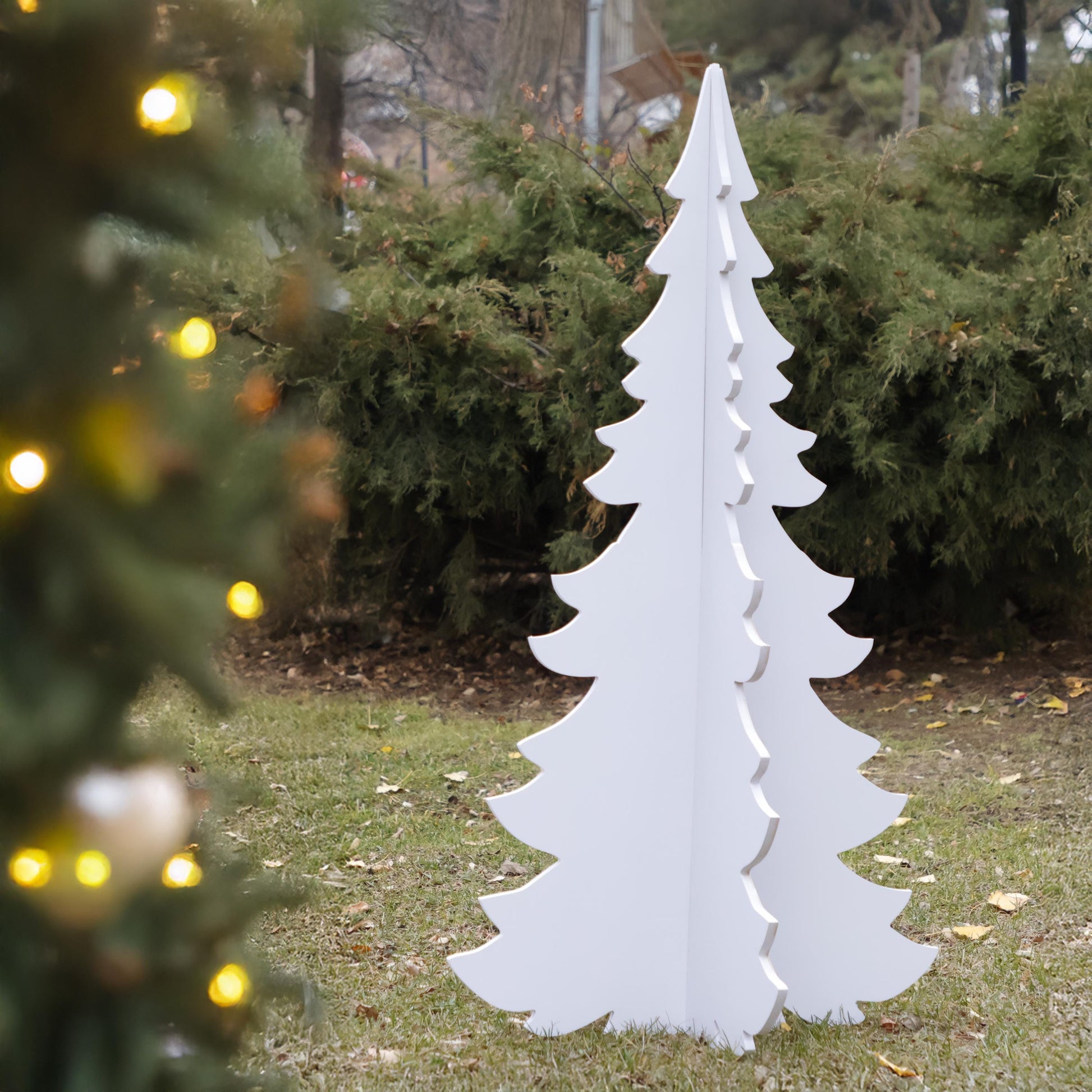 Set of 2  Christmas Tree Yard Displays, All-Weather PVC Holiday Decoration, 4 Ft Indoor Outdoor Tree Set, Winter Wonderland Garden Decor