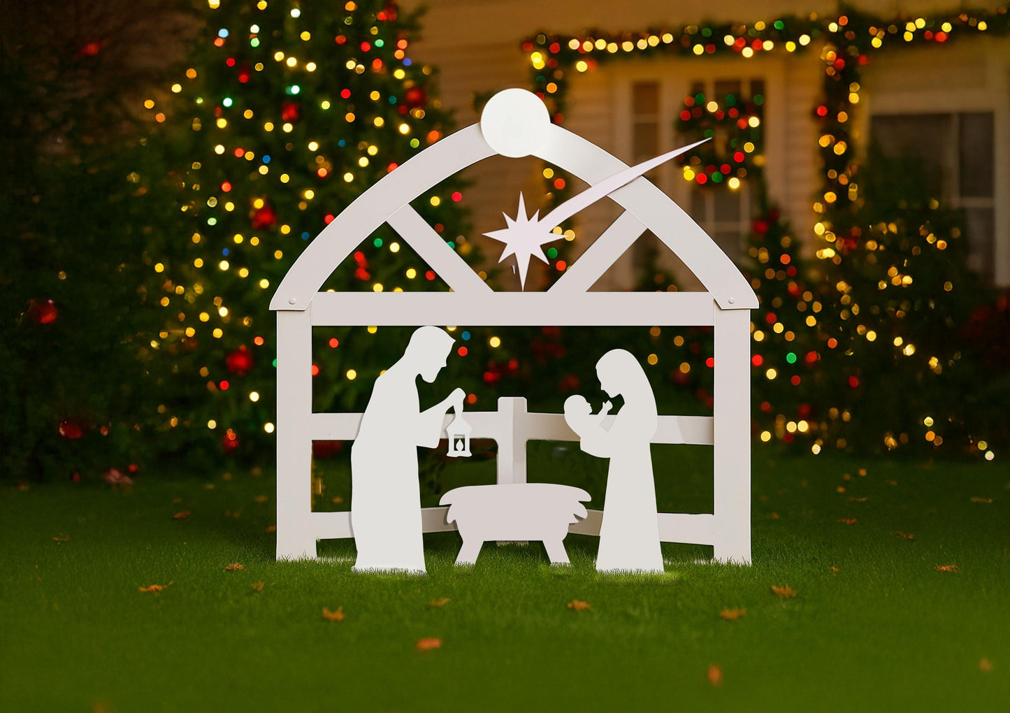Outdoor White Nativity Scene Yard Display, All-Weather PVC Christmas Decor, Holy Family Lawn Art, Light-Ready Christmas Yard Sculpture