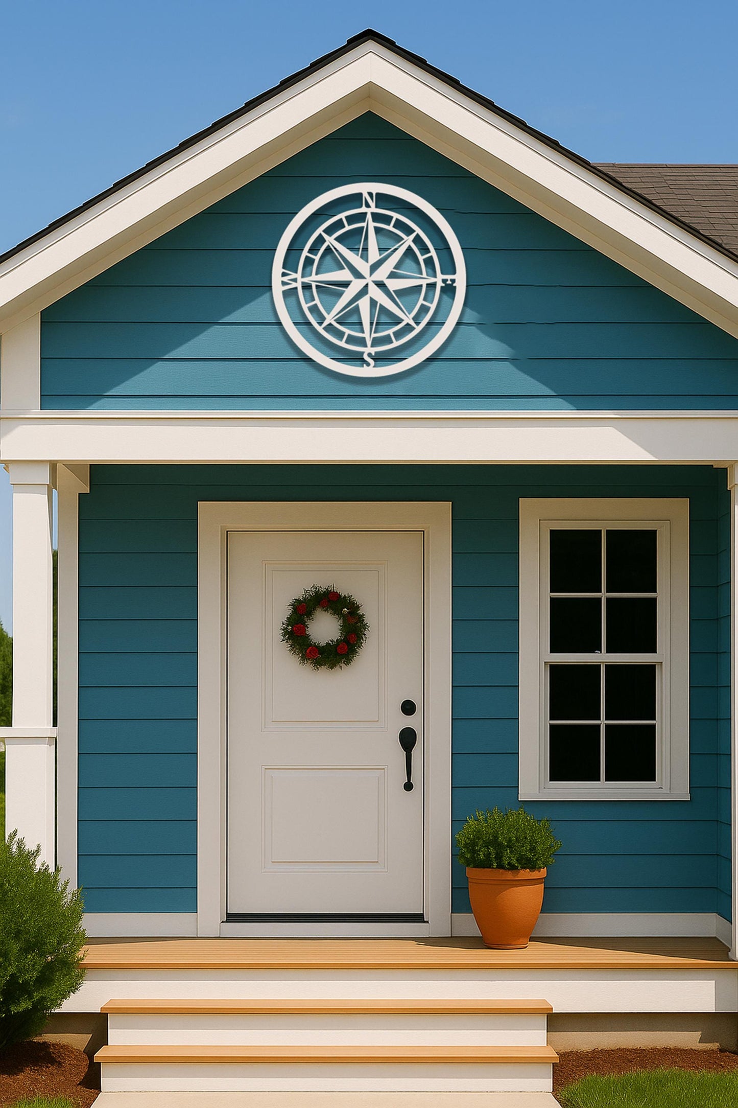Nautical Compass Wall Art, Coastal Outdoor Wall Decor, Beach House Gable Sign, White PVC Nautical Compass, Weatherproof Porch